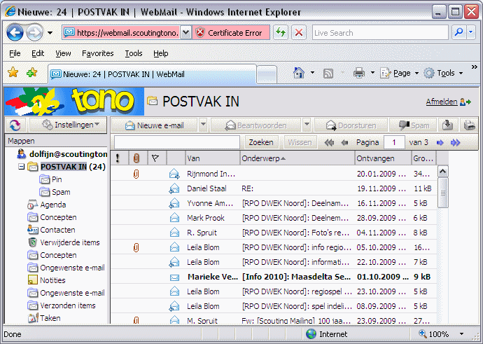 Het hoofdscherm van de Scouting Tono-groep webmail